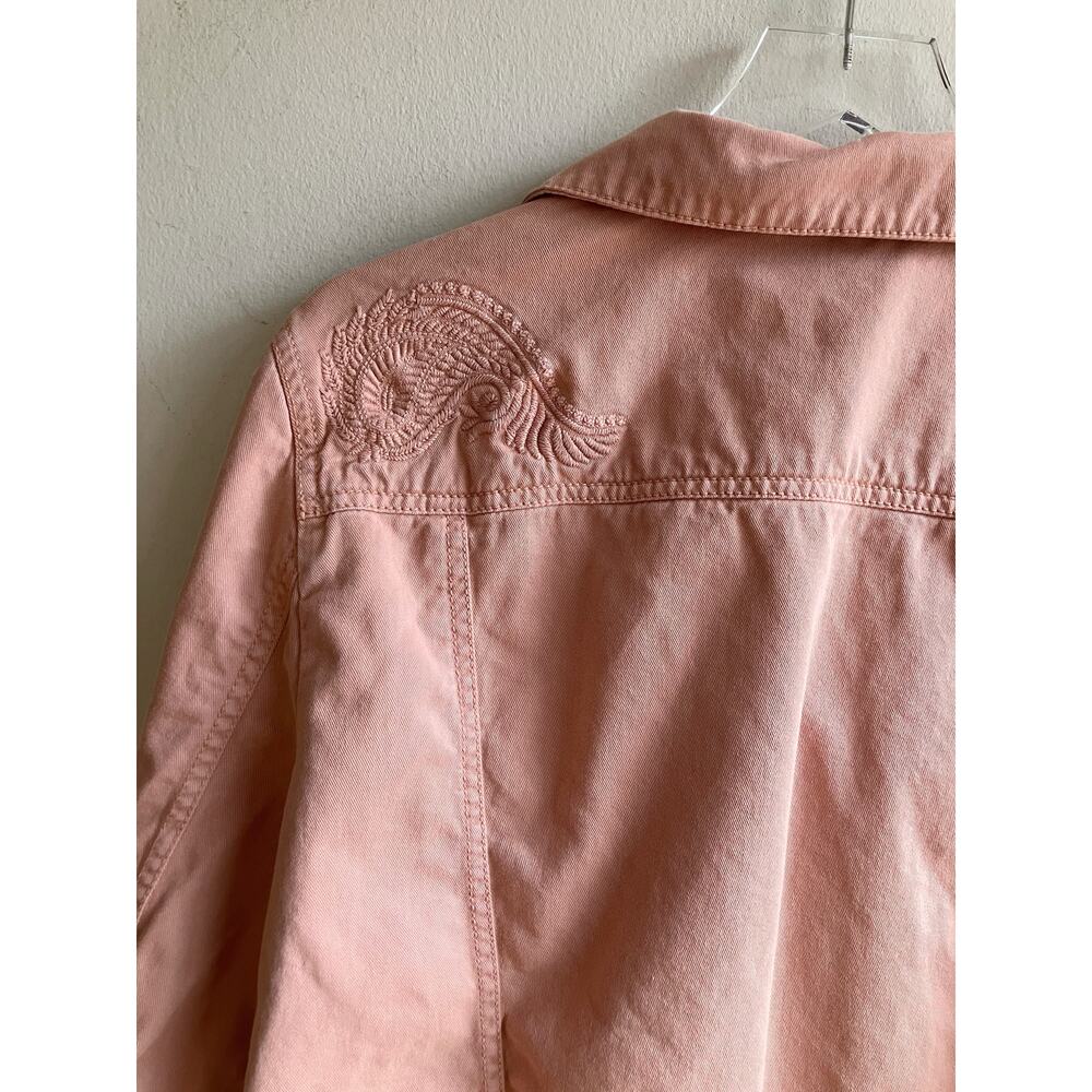 Loft Denim Jacket Size XL Rose Pink Paisley Embroidered 100% Cotton Jean Pockets - Picture 9 of 12